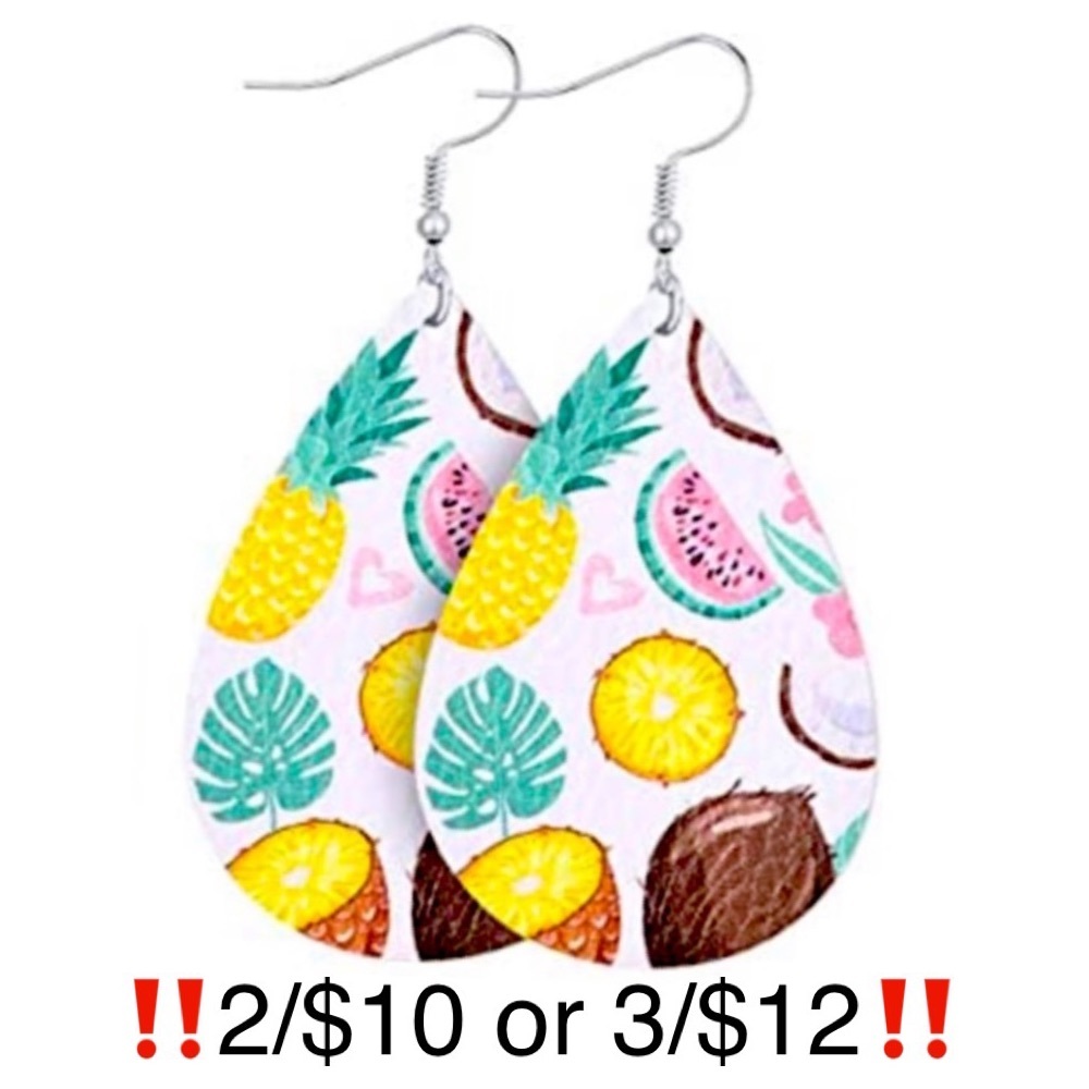 Tropical Floral & Fruit Pattern Teardrop Shaped Faux Leather Summer Earrings